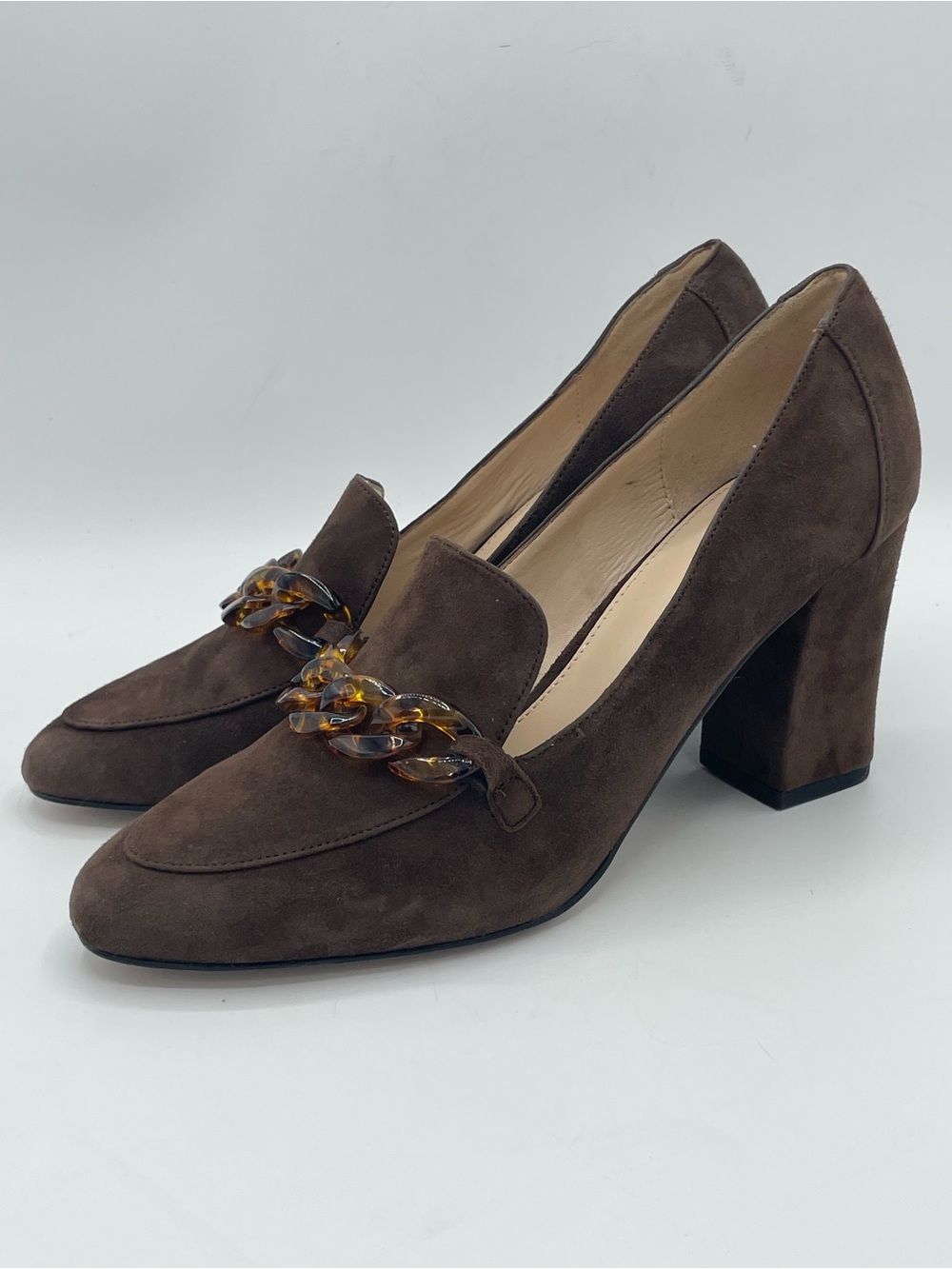 Pelle Moda Esra Brown Suede Block Heel Loafers with Tortoiseshell Chain.